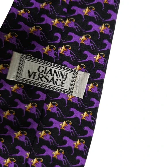 Gianni Versace Mens Necktie Luxury Purple Black Silk Tiger Woven Embroidered‎